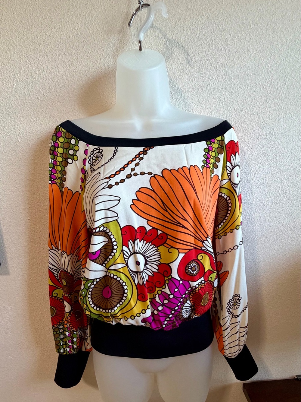 Trina Turk Bold Floral Off-Shoulder Top in Orange, Red, Yellow, Purple
